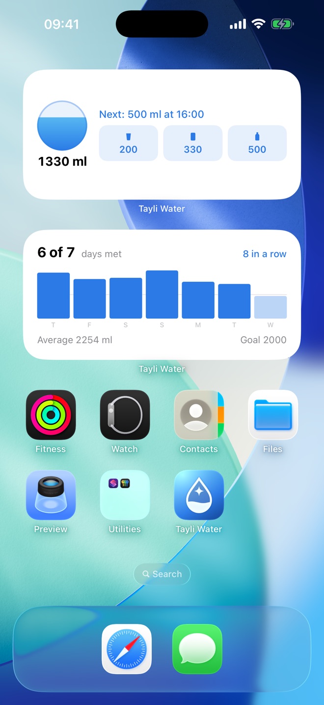 Home Screen widgets: today's glass with three log buttons, and a week of bars.