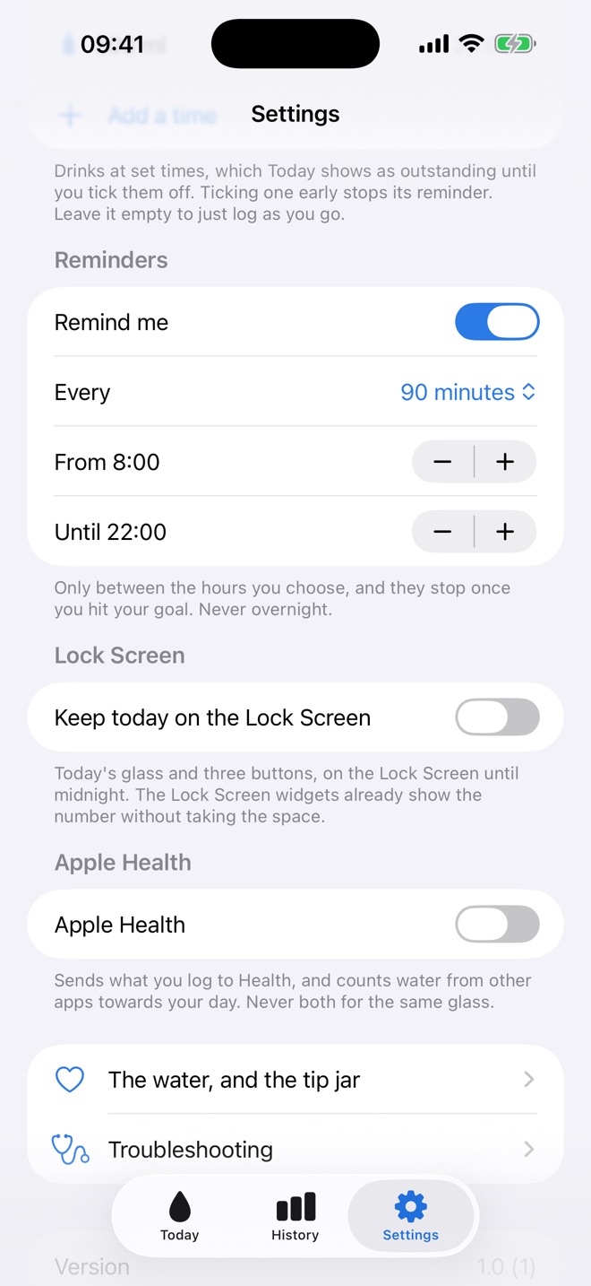 Settings: reminders every 90 minutes between 8:00 and 22:00.