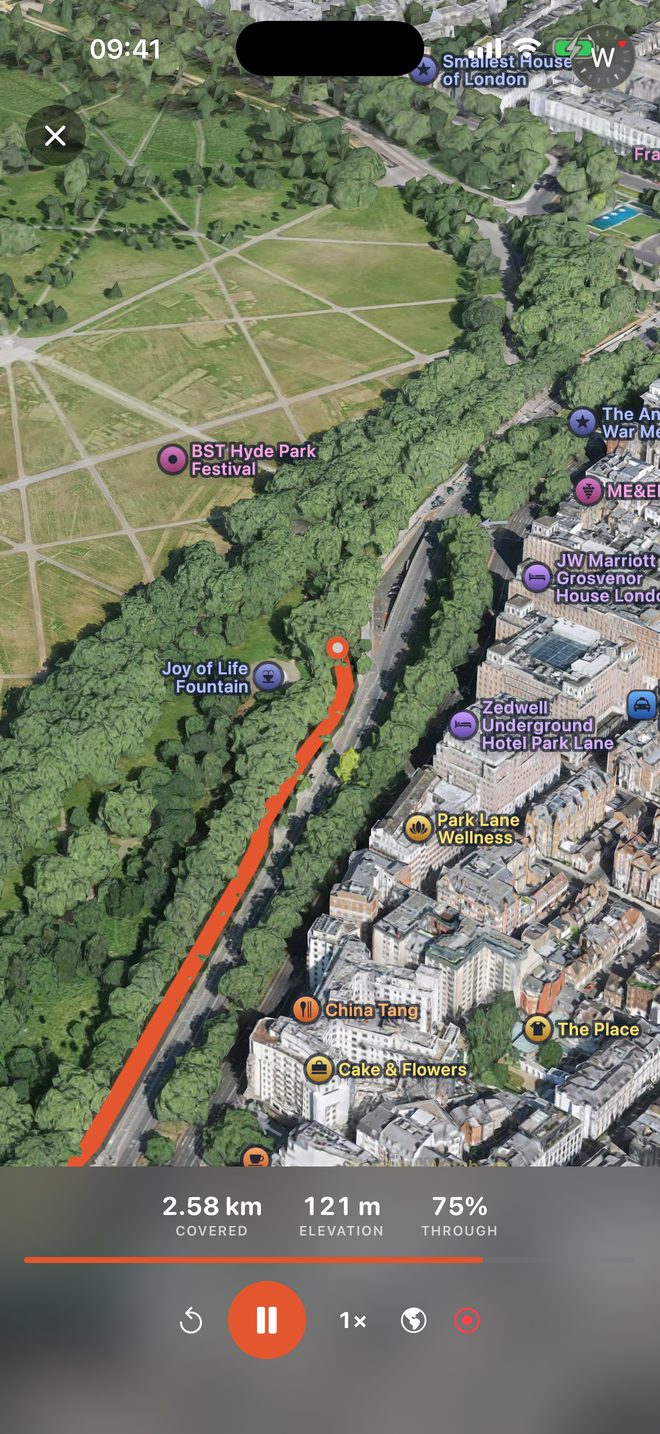 The route flown back over 3D terrain and buildings.